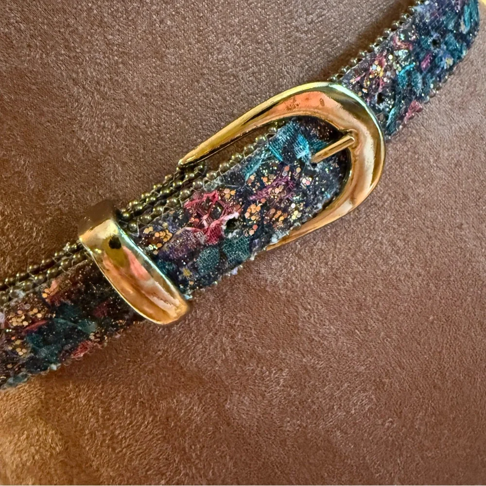 Floral Patterned Glitter Sparkle Belt with Gold Buckle Jewel tone